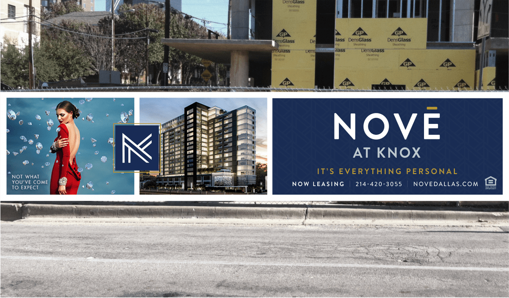construction fence signage - nove at knox multifamily branding